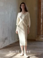 FOLD 2024 Fall New Pleated Miyake Arc Seven Sleeve Pleated V-Neck Women's Dresses