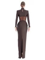 Luxury Sheer Corset Brown Long Dresses for Women – Long Sleeve High Neck See Through Bodycon Maxi Dress with Mesh Waist Detail - Image 2