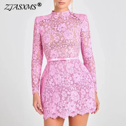 Sexy Lace See Through Hollow Crochet Dress Woman Spring Long Sleeve Sashes Slim Party Dress Summer O Neck Embroidered Mini Dress