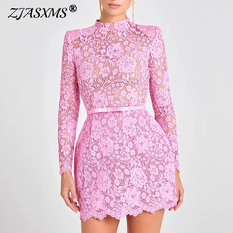 kf-S767c6ed317414fc4954e51b795aa4dfdo Sexy Lace See Through Hollow Crochet Dress Woman Spring Long Sleeve Sashes Slim Party Dress Summer O Neck Embroidered Mini Dress - Image 1