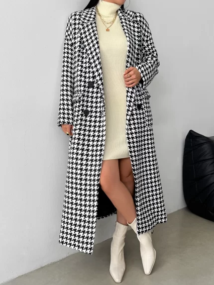 Gingham Plaid Woolen Coat with Pockets And Buttons for Office And Airport Casual Autumn Winter Wear