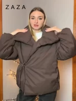 Zaza New Lady Autumn Winter Puffer Jacket High Neck Lace Up Cotton Padded Coat Commuter Vintage Outwear 2025 New Lady Outwears - Image 2