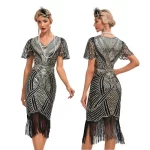 Women’s Flapper Dresses Set 1920s V Neck Beaded Fringed Great Gatsby Dress Semi-Sheer Lace Sleeve Lady Cocktail Party Dress