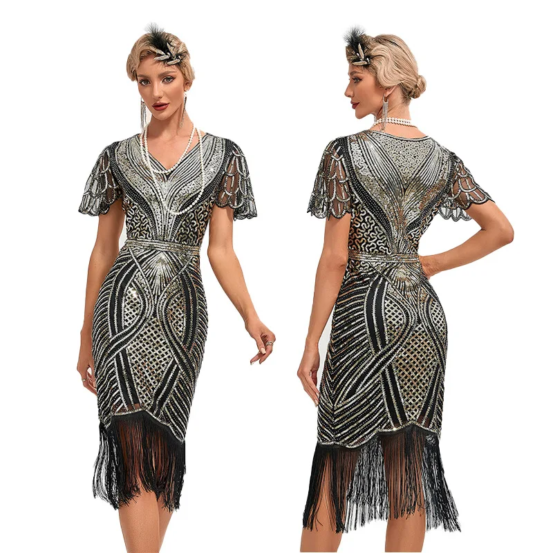 kf-S788f4f76a8fd4fb181da25853dc46393R Women’s Flapper Dresses Set 1920s V Neck Beaded Fringed Great Gatsby Dress Semi-Sheer Lace Sleeve Lady Cocktail Party Dress - Image 1
