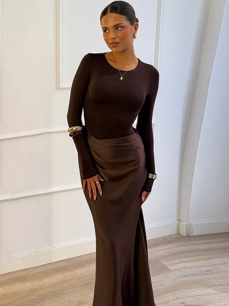 kf-S78acd08ac9ca4d96b1ed8722a3bb2db68 JULISSA MO Patchwork Satin Long Sleeve Women Maxi Dress Brown Round Neck High Waist Dress Winter New Elegant Party Evening Dress - Image 1