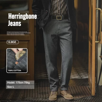 Maden Retro 12.8oz Grey Striped Jeans Straight Fit Zip Fly with Pockets Versatile Herringbone Trousers for Men's Spring and Fall