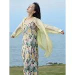 INMAN Women Suspended Dress 2023 Summer Sleeveless A-shaped Loose Artistic Pleated Floral Print Yellow Purple Black Skirt