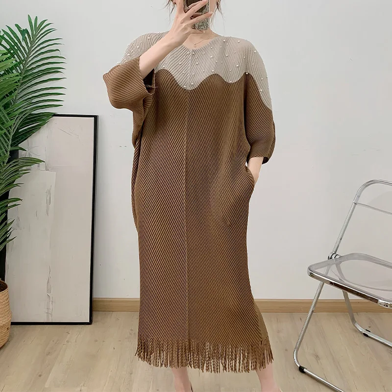 kf-S7caab9d267a8445192424a33f6272b40O YUDX Miyake Pleated Fish Scale Pleated High Quality Women's Dress Slim Loose Plus Size Long Color Collision Long 2025 Summer New - Image 1