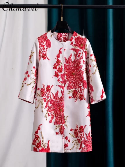 Heavy Industry Embroidery Beaded Elegant Trench Jacket Chinese Style Embroidered Flower Straight Outwear Long Coat Women Autumn