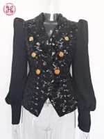 Sequins & Sheer Blazer - Wide Shoulder Jacket with Metal Buttons, Statement Evening Top - Image 2
