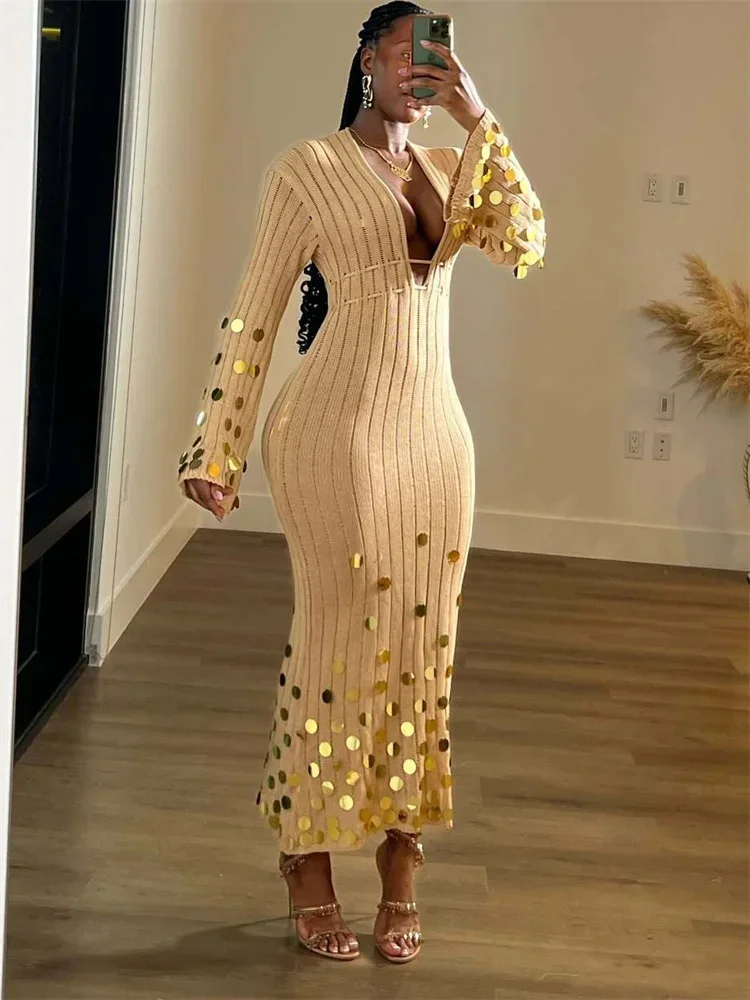 kf-S82b56e90349b45f5a7dcf03f3b2fb078w Sequin Sexy Knit Long Dress Female See-Through High Waist Elegant Beach Holiday Party Dress Women's Knitwear Maxi Dress - Image 1