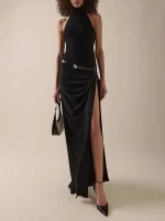 VC Urban Chic Black Halter Open Back & Slit Dress for Sophisticated Nights Party Evening Gown - Image 3