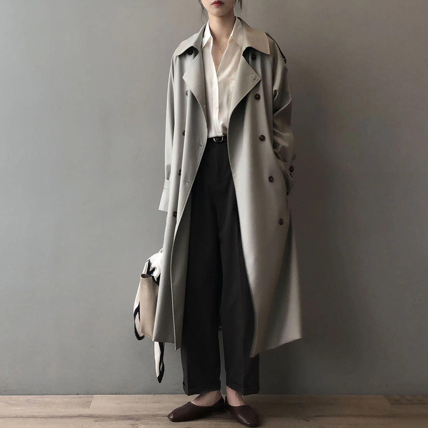 kf-S84f0c1f072fb49f782a0862abb0019c08 Women's Long Trench Coat, Loose Waist, Double Breasted, Casual Jacket, Spring And Autumn, Temperament Trench, - Image 1