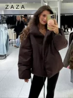 Zaza New Lady Autumn Winter Puffer Jacket High Neck Lace Up Cotton Padded Coat Commuter Vintage Outwear 2025 New Lady Outwears