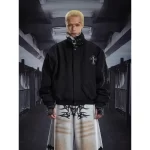 Men's Winter Padded Jacket Fur Collar Thickened Warm Loose Vintage Coat High Street Style Cross Embroidery Parka Men Streetwear - Image 6