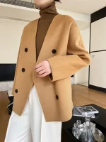 Women 100 Wool Tops Coat Fashion V-neck Short Coats Woolen Jacket Hand Sewing Autumn Winter Wool Blazer Double-Breasted #22 - Image 6
