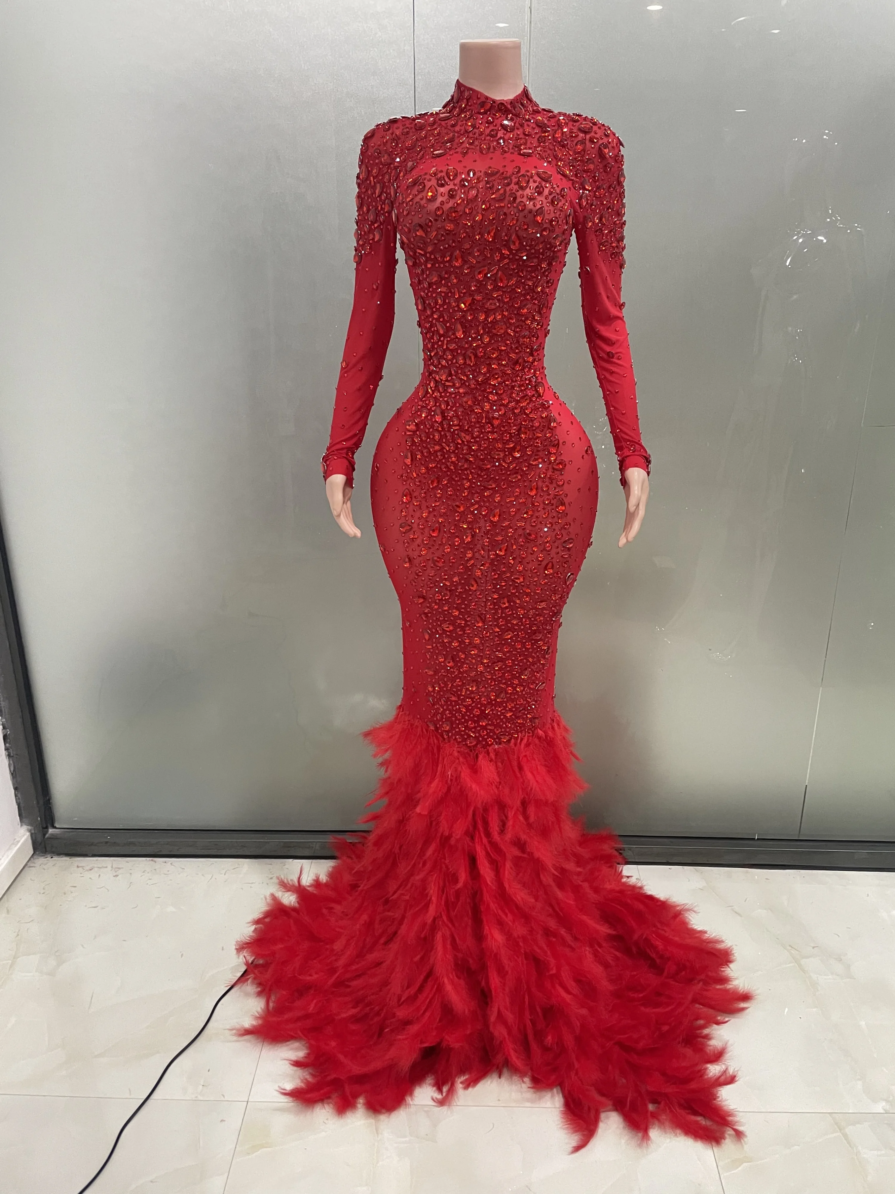 kf-S8a4682a2e1da41c5a5ecb0e775d5d84dY Luxury Sparkling Red Crystals Feathers Mermaid Long Sleeve Maxi Dress Women Formal Occasions Wedding Celebrate Party Prom Gown - Image 1