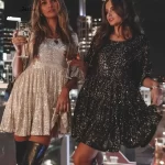 Solid Color Fashion Sequin Round Neck Womens Dresses Loose Waist Short Sleeve Dress Banquet Woman Clothing Summer - Image 3