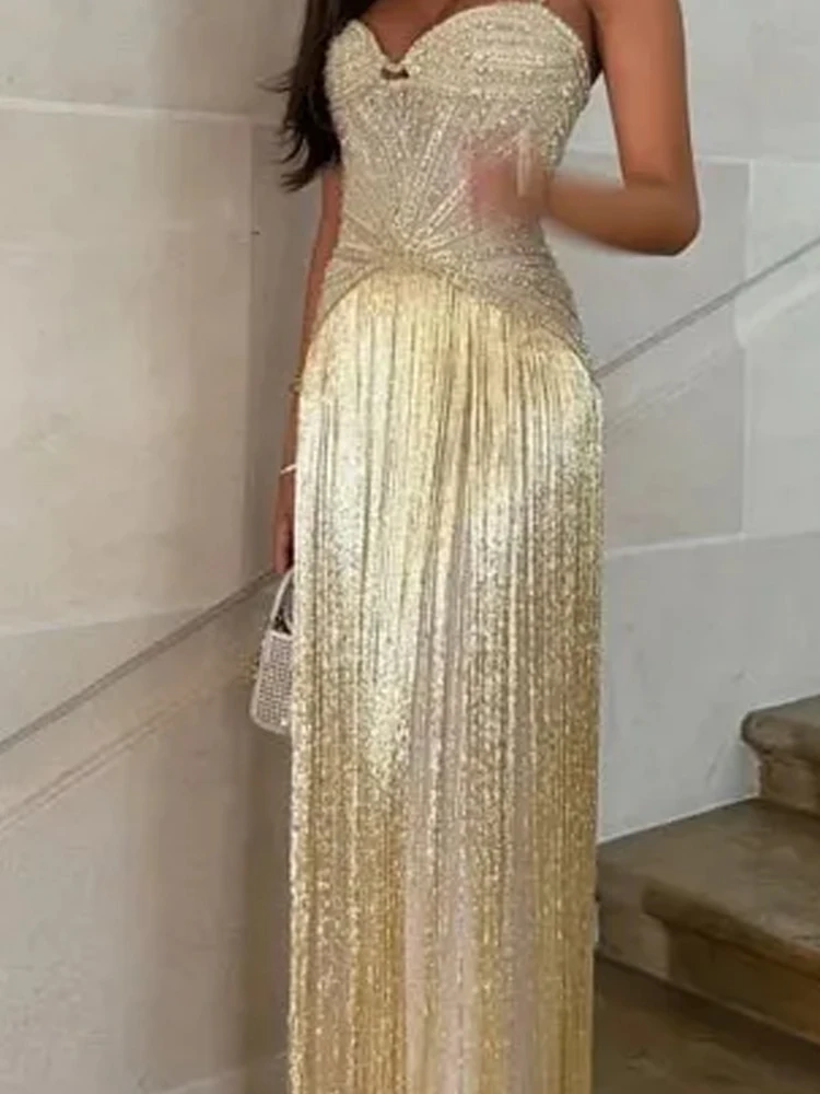 kf-S8d29fab12db949c2921d6091e08d4014L Sexy Off Shoulder Sleeveless Suspender Dress Women's Elegant High Waist Slim Tassel Long Dress Fashion Draped Solid Long Dress - Image 1