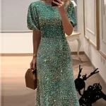 2024 New Lady Temperament Slim Banquet Dress Fashion Shiny Sequin Long Dress Casual O-neck Short Sleeved High Waist Dress Mujer