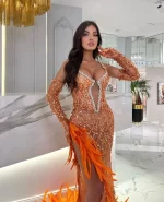 Women Luxury Sexy V Neck Feather Beading Mesh Sequins Sparkly Maxi Long Gowns Dress Elegant Celebrity Evening Party Club Dress - Image 2