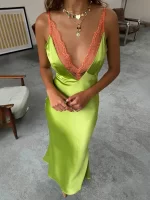 Blifanbo Stain Spaghetti Strap Maxi Dress For Women Lace Side V Neck Sexy Sleeveless Backless Patchwork Holiday Dress Elegant