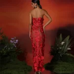 New red embroidered flower strapless dress, women's slim and sexy party dress, long skirt - Image 2
