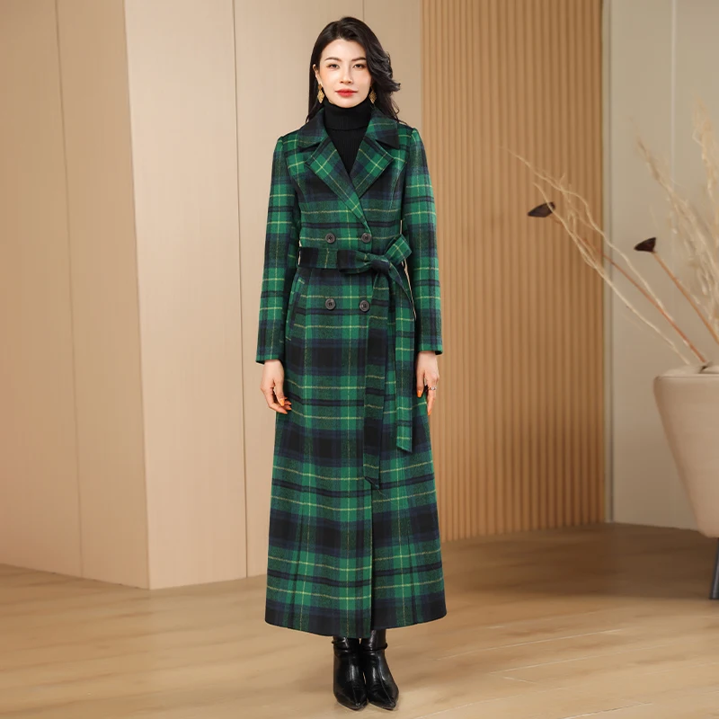 kf-S8dc7a0229efc4ab3887201d31092defc3 Green Plaid Slimming Woolen Coat Elegant Suit Collar Jacket High-End Autumn Winter Trendy Outerwear 2025 - Image 1