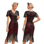 Women’s Flapper Dresses Set 1920s V Neck Beaded Fringed Great Gatsby Dress Semi-Sheer Lace Sleeve Lady Cocktail Party Dress - Image 2