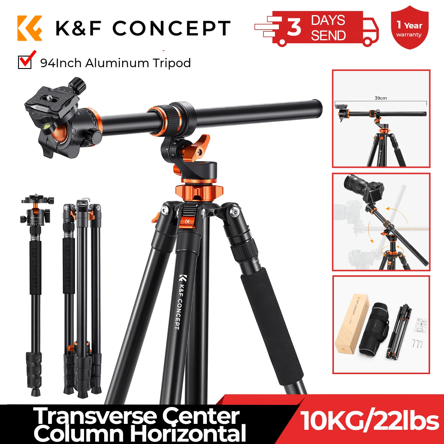 kf-S908e31776b7048519c6f23766e0cd2ach K&F Concept 90 inch /2.3m Camera Aluminum Alloy Tripods Reversible Transverse Center Column Tripod Travel T254A7+BH-28L Monopod - Image 1