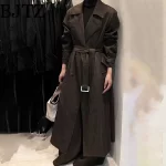 BJTZ 2025 New Oversized Trench Coat For Women British Style Belted Long Jacket Minimalist Chic Early Fall Fashion Outerwear