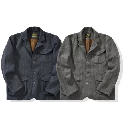 American Retro Herringbone Thick 50% Wool Jacket for Men Casual Blazer Single-Breasted Overcoat Stand Collar Heavyweight