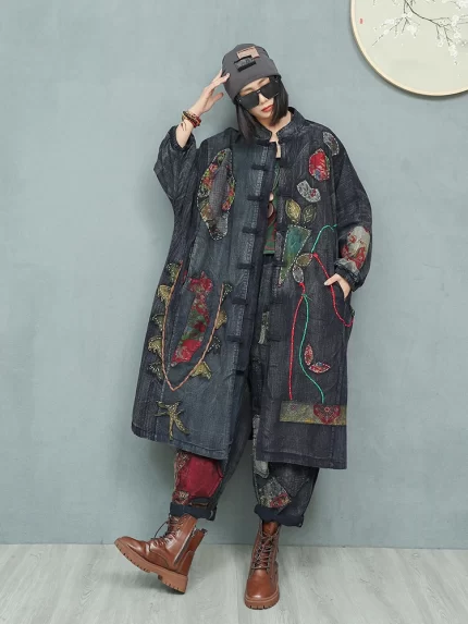 Women's Spring Embroidered Appliqué Retro Distressed Old Cloth Stitching Disc Button Cardigan Windbreaker Wide-waisted Coat