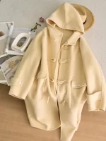 Women Long Wool Blend Coat with Hood Loose Fit Cream Duffle Coat Winter Warm Overcoat for Casual & Daily Wear - Image 3