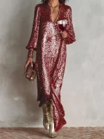 2026 Sexy V Neck Sequined Maxi Dress Women Spring Autumn Loungewear Party Dress Long Sleeve Solid Patchwork Ladies Chic Dresses - Image 2