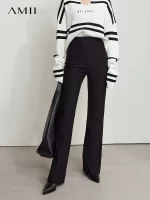 AMII Minimalist Casual Comfortable Flared Leggings for Women Embroidered Fleece Slimming Black Pant Lady 2024 Winter 12424095