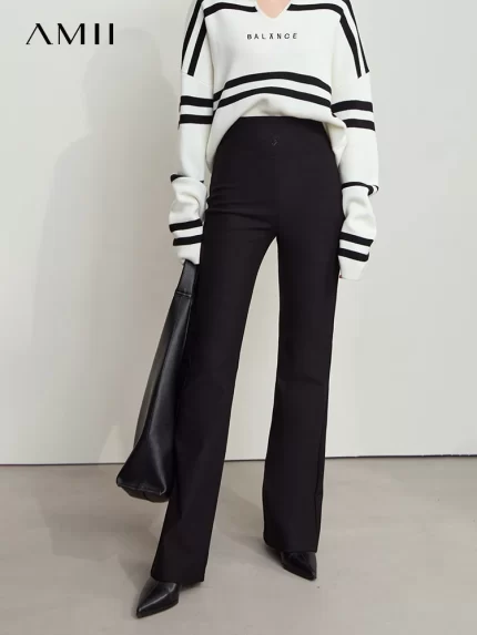 AMII Minimalist Casual Comfortable Flared Leggings for Women Embroidered Fleece Slimming Black Pant Lady 2024 Winter 12424095