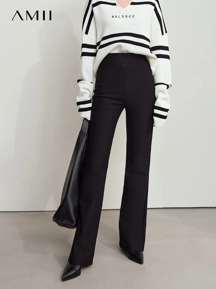 kf-S9371b62af51640a5b1796eb72bb9cc47p AMII Minimalist Casual Comfortable Flared Leggings for Women Embroidered Fleece Slimming Black Pant Lady 2024 Winter 12424095 - Image 1