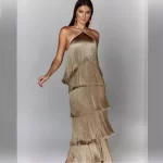 Fashion Neck Fringed Backless Slit Dress for Women