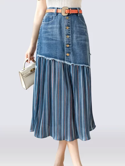 S-5XL Patchwork Pleated Jeans Skirts Women High Waist Ripped Skirts Vintage Elegant Korean Fashion Denim Skirts Big Size KS10294