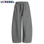 Spliced Sports Pants Mens Solid Color High Street Autumn Wide Leg Elastic Waist Baggy Trousers Men