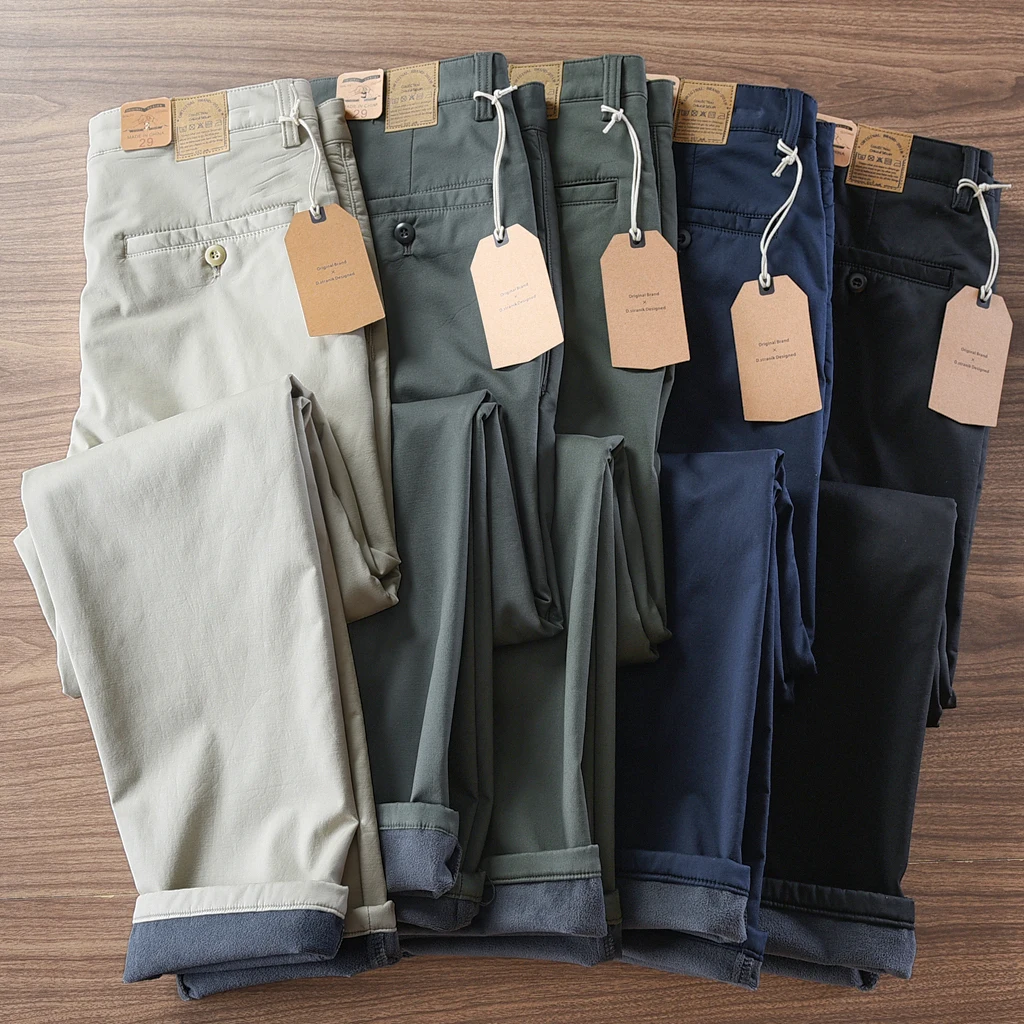 kf-S948e62076f9948f393e2ced6e4d0b11eP 2024 Winter New American Retro Thick Cargo Casual Pants with Velvet Men's Simple 97% Cotton CHINO Business Straight Trousers - Image 1