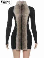 Nsauye Women Mini Wrap Faux Fur Collar New Fashion Long Sleeve Black Winter Dress 2025 Sexy Y2K Night Club Party Evening Dress - Image 2