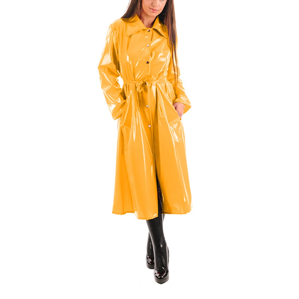 kf-S951af5d1a29c46aeb0760abaaad2b345I Women's PU Leather Turn-Down Collar Midi Trench, Shiny Faux Leather, Button-Up, Long Sleeve Dress Coats with Belt, Sexy Wet Look - Image 1