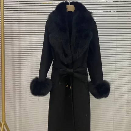 Long Women Wool Blended Coat With Big Real Fox Fur Collar Fashion Slim Winter Wool Jacket With Belt Outwear With Fox Fur Cuff
