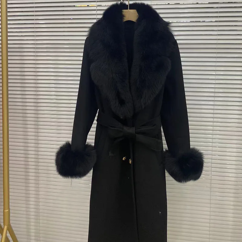 kf-S953c34e117654faca54b92f0b835c2c6m Long Women Wool Blended Coat With Big Real Fox Fur Collar Fashion Slim Winter Wool Jacket With Belt Outwear With Fox Fur Cuff - Image 1