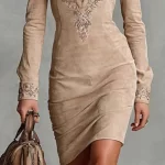 Elegant Turn-down Collar Button Shirt Dress Woman Sexy Embroidered Floral Slim Mini Dress Vintage Suede Long Sleeve Autumn Dress - Image 3