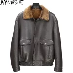 AYUNSUE 100% Genuine Sheepskin Leather Jacket Man Winter Casual Natural Fur Coat Men's Clothes Warm Dark Brown Leather Fur Coats