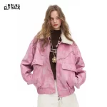 ELFSACK 2025 Winter New Arrivals Y2K Bright Solid Ombre Effect Plush Lapel Faux Leather Jacket For Women