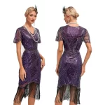 Women’s Flapper Dresses Set 1920s V Neck Beaded Fringed Great Gatsby Dress Semi-Sheer Lace Sleeve Lady Cocktail Party Dress - Image 4